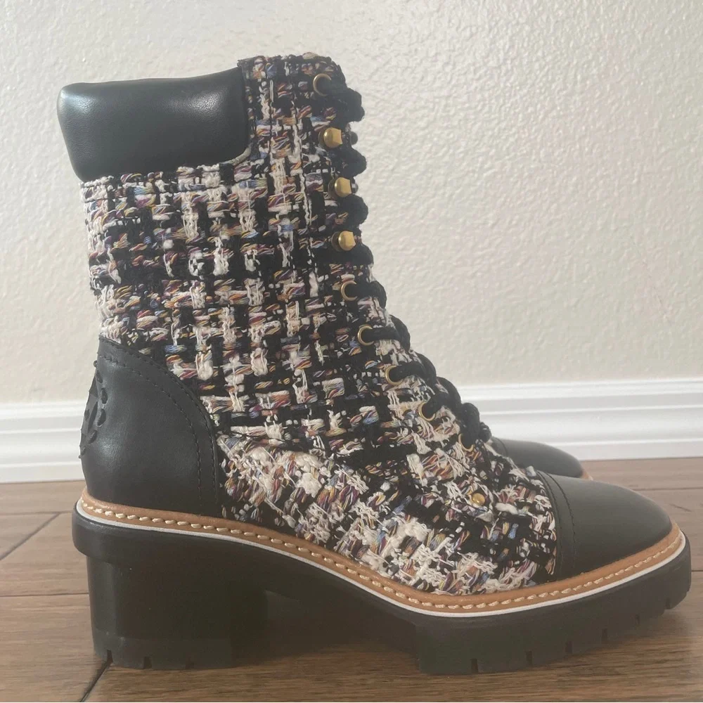 Tory Burch tweed combat boots fall boots winter boots lace up boots black bootie